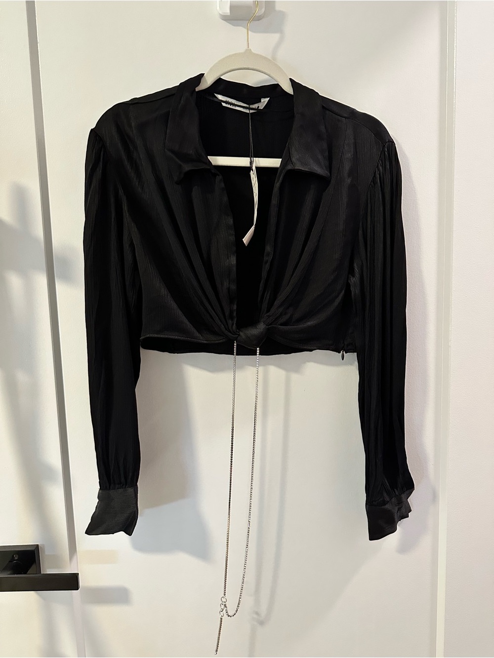 Zara Black Satin Cropped Button-Down Blouse